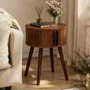 Side Table with Sliding Door & Cabinet, End Table for Living Room, Night Stand for Bedroom, Modern Bedside Table with Solid Wood Legs, Walnut