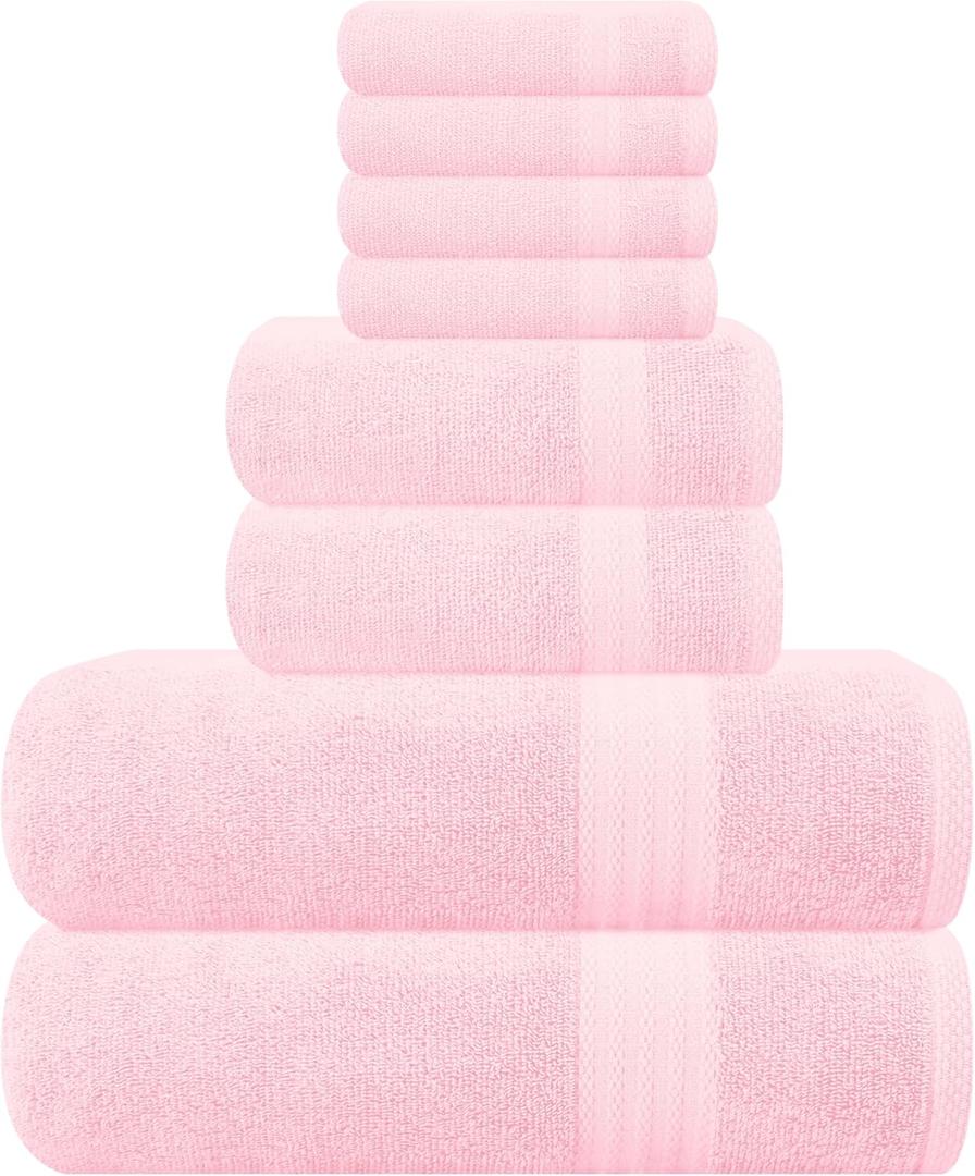 GLAMBURG Ultra Soft 8-Piece Towel Set - 100% Pure Ringspun Cotton, Contains 2 Oversized Bath Towels 27x54, 2 Hand Towels 16x28, 4 Wash Cloths 13x13 - Ideal for Everyday use, Hotel & Spa - Pink