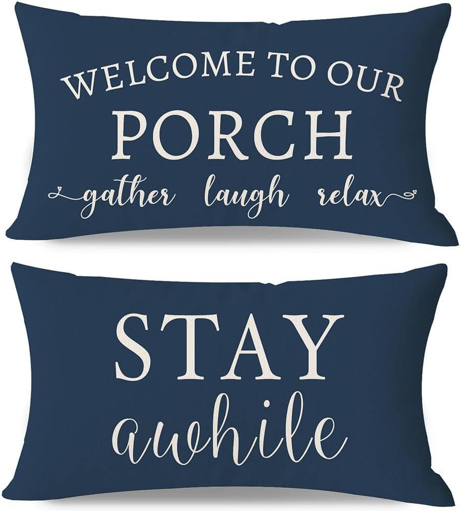 PANDICORN Welcome to Our Porch Stay Awhile Blue Outdoor Farmhouse Lumbar Decorative Throw Pillow Covers 12x20 Inch Set of 2 Cozy Relax Porch Patio Spring Winter Decoration for Home Couch Bench Decor