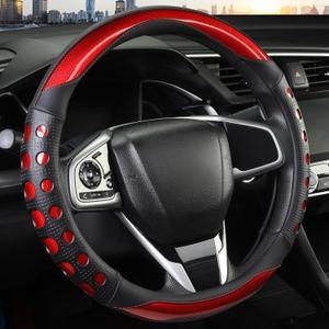 QCYP PU Leather Car Steering Wheel Cover with Anti-Slip Grip, for Women and Men, Universal Fit for 14.5-15 Inch Cars, Trucks, SUVs (Red (Round), Medium(Standard) Size[14 1/2''-15''])