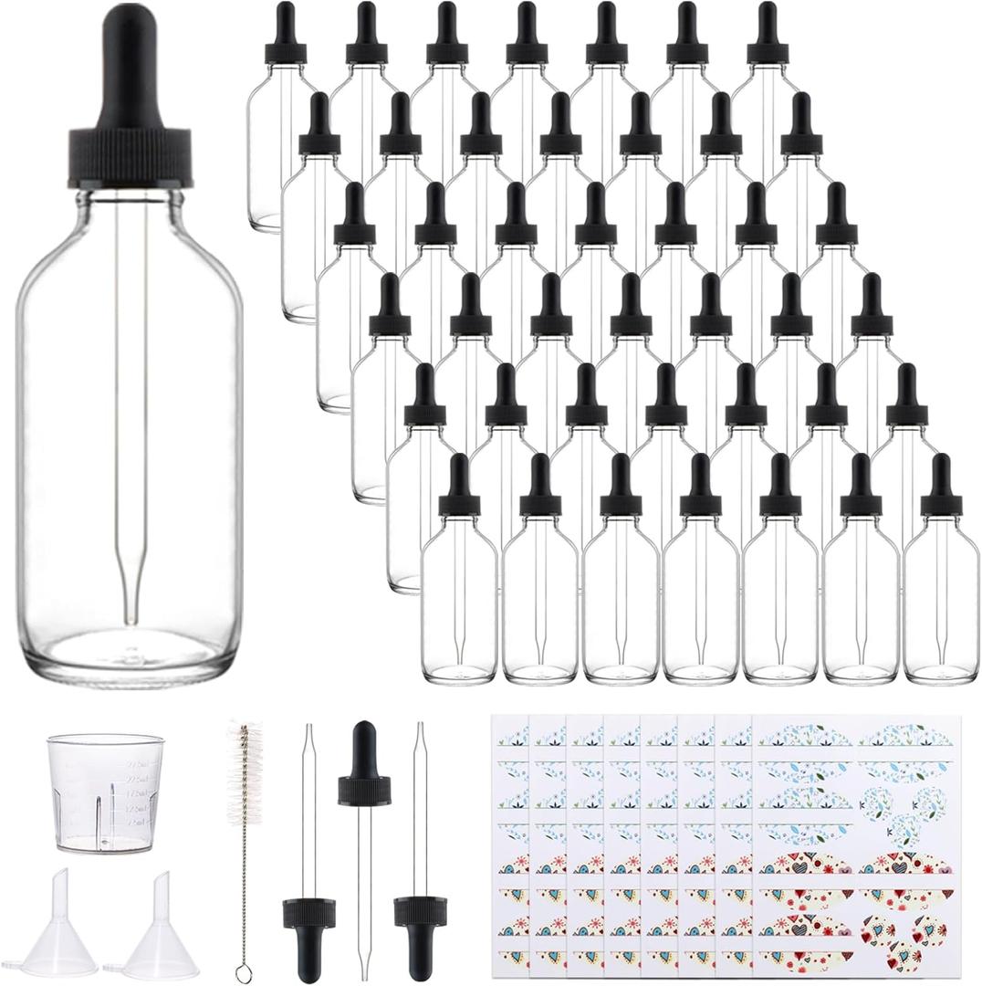 42 Pack 4oz Clear Glass Bottles with Glass Eye Droppers for Essential Oils, Perfumes & Lab Chemicals (Brush, Funnels, 3 Extra Droppers, 48 Pieces Labels & 30ml Measuring Cup Included)
