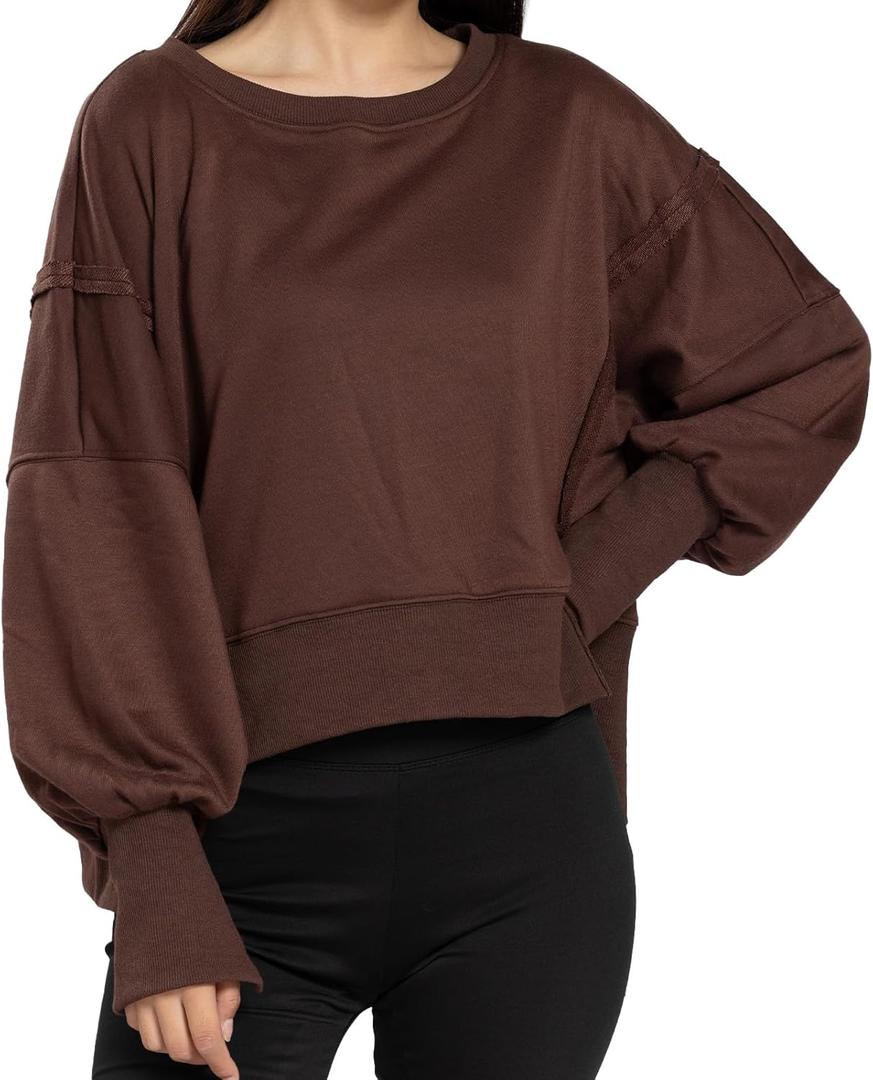 Womens Crewneck Sweatshirts Cropped Long Sleeve Tops Oversize Loose Fit Tee Side Slit Pullover Tshirt (Brown, S)