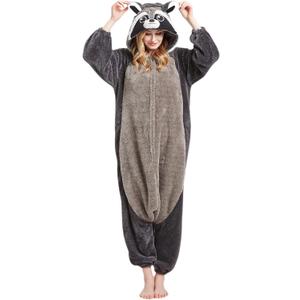 DarkCom Raccoon Onesie Halloween Costume One Piece Unisex Adult Pajamas Women Men Sleepwear Christmas Pajamas (Gray, L)
