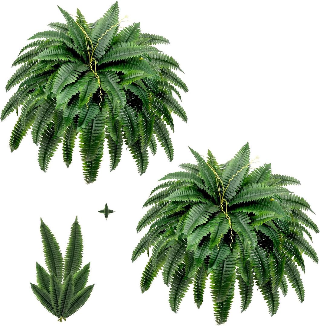 Artificial Boston Fern Bush - Set of 2 45inch Fake Ferns with 55 Fronds, Large Hanging Faux Plants Decor, UV Resistant Faux Fern Vines Silk Greenery for Outdoor Indoor, Porch, Farms, Patio