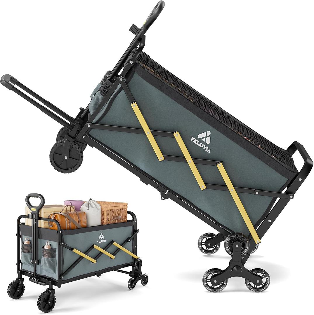 Folding Utility Cart with Triangular Wheels - 2 in 1 Collapsible Stairs Climbing Wagon, Lightweight Shopping Hand Truck with Telescoping Handle for Groceries, Laundry, Travel, Move, Office