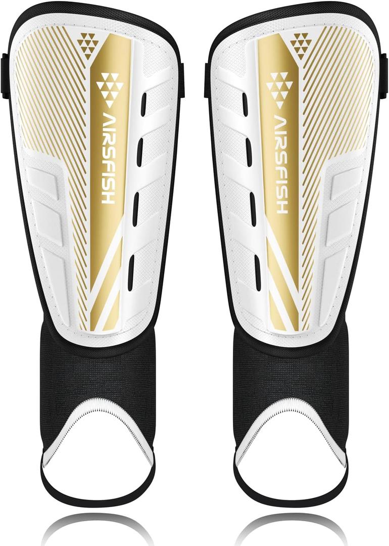 Upgraded Soccer Shin Guards for Kids Youth Adults, CE Certified AirsFish Shin Guard Sleeves Protection Gear for Boys Girls Soccer Games EVA Cushion Reduce Shocks and Injuries (Small, White+Gold)