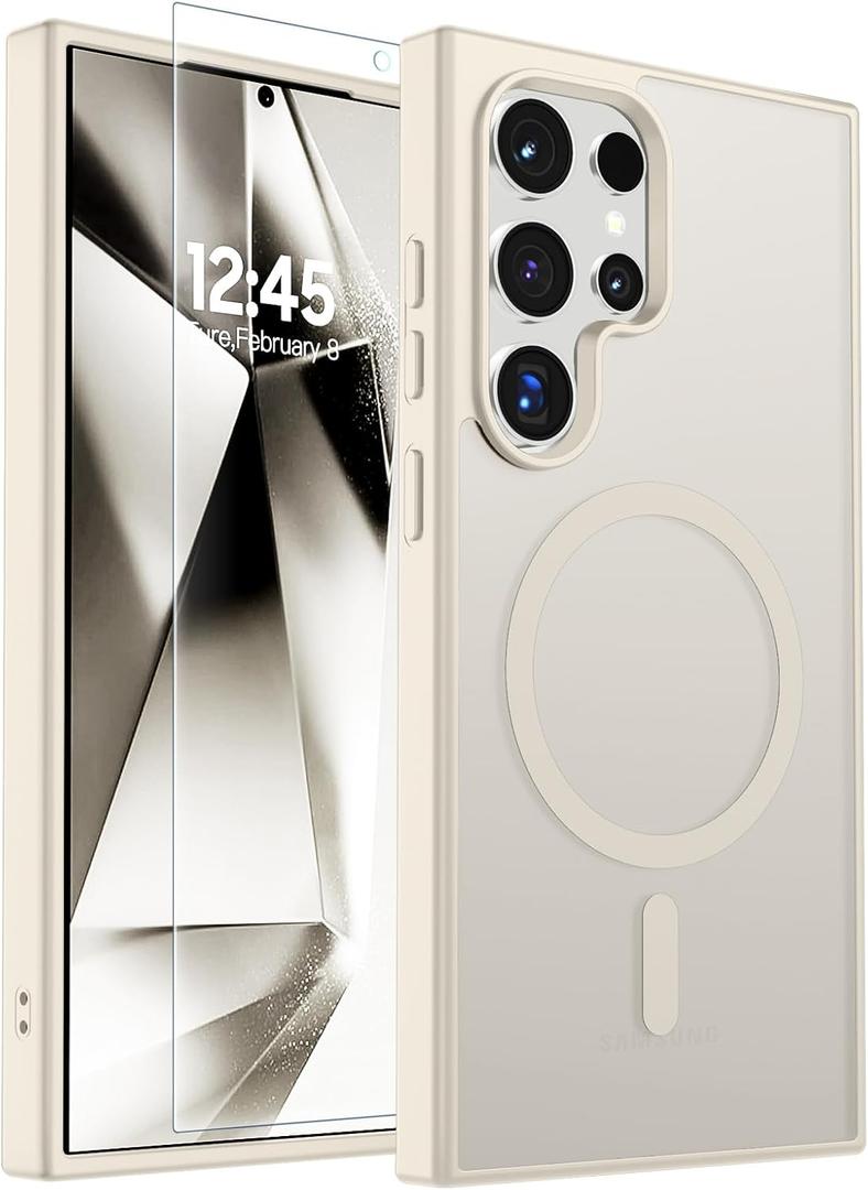 SUPFINE Magnetic for Samsung Galaxy S24 Ultra Case with Screen Protector, (Compatible with MagSafe) (Military Grade Drop Protection) Slim Translucent Shockproof Phone Case,Stone