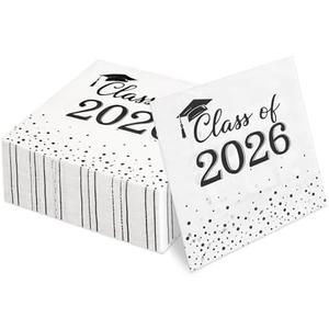 Graduation Decorations 100 PCS Class of 2026 Graduation Napkins Disposable Fancy Cute Black White Polka Dot Cocktail Napkin Congrats Grad Tea Party Favors Supplies Plates Table Decor Dessert Cookies