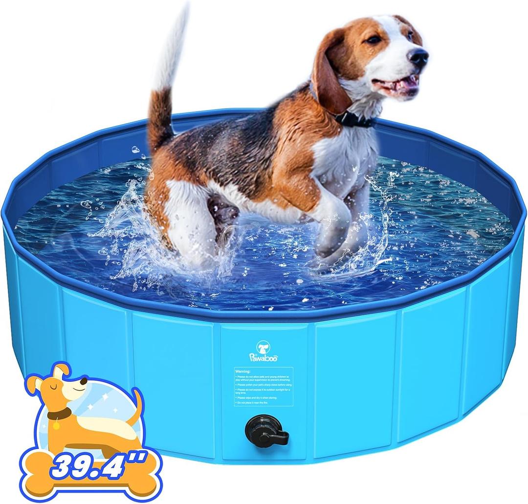 Pawaboo Foldable Dog Pool, Collapsible Pet Bath Pool Bathing Tub, Hard Plastic Doggie Wading Pool for Indoor and Outdoor, Portable Dog Swimming Pool for Medium Dogs and Cats (39"x12") Blue
