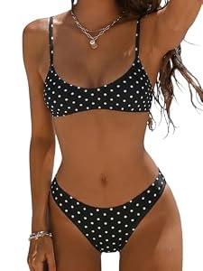 MakeMeChic Women's Polka Dots Thong Bikini Sets High Cut Micro Sexy Bathing Suit Swimsuit Black Medium