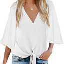 Bluetime Women's Tie Front Tops 3/4 Bell Sleeve V Neck Cute Summer Tops Shirts Casual Chiffon Blouses L