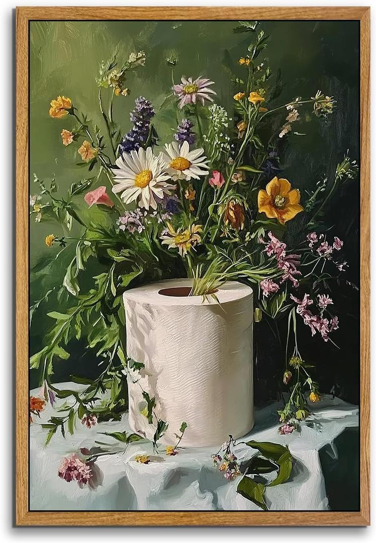 AtterrirArt Framed Funny Bathroom Wall Art, 16 * 24 Inches, Toilet Paper Floral Wall Decor, Vintage Botanical Canvas Print Poster, Green Moody Wall Art for Restroom, Toilet, Ready To Hang