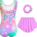 Idgreatim Girls Gymnastic Leotard Ballet Dance Dress Outfit with Removable Skirt Hair Scrunchie Combo 4-11 Years (8-9 Years, Green Pink)