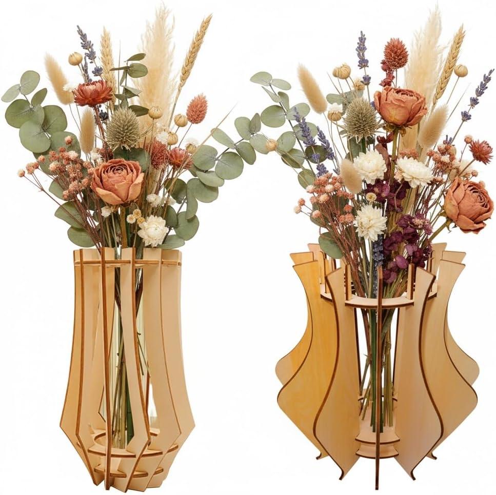 Wooden Puzzle Vase for Building Bricks Bouquet Cool Flower Vase for DIY Building Sets, Creative Flower Display Stand Gift for Adults and Girls 2 Packs