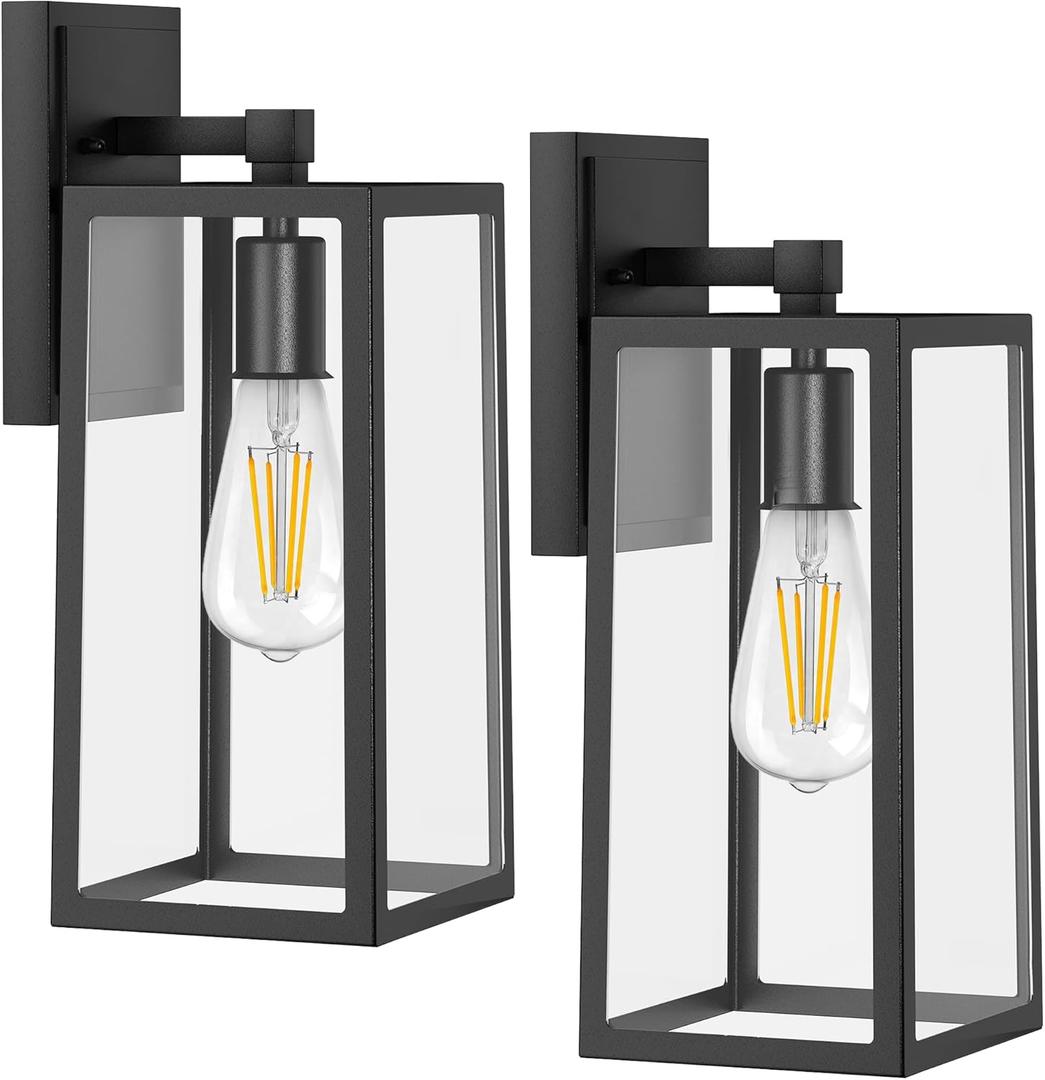 PARTPHONER Outdoor Light Fixtures Wall Mount, Porch Light, Waterproof Exterior Light Fixture, Anti-Rust Wall Sconce with Clear Glass and Black Aluminum for Garage, Doorway-2 Pack