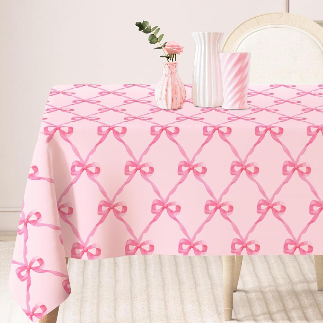 AnyDesign Pink Bow Tablecloth Pink Ribbon Bow Fabric Table Cloth Washable Table Cover for Coquette Birthday Baby Shower Home Kitchen Decor, 60 x 104 Inch (104" x 60" (Rectangular), Pink)