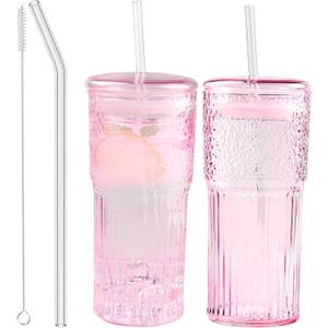 Glass Coffee Cups with Lids and Straws, 20 OZ Pink Iced Water Glasses Tumblers for Ice Juice, Tea, Milk, Smoothie and Cold or Hot Drinks, Set of 2