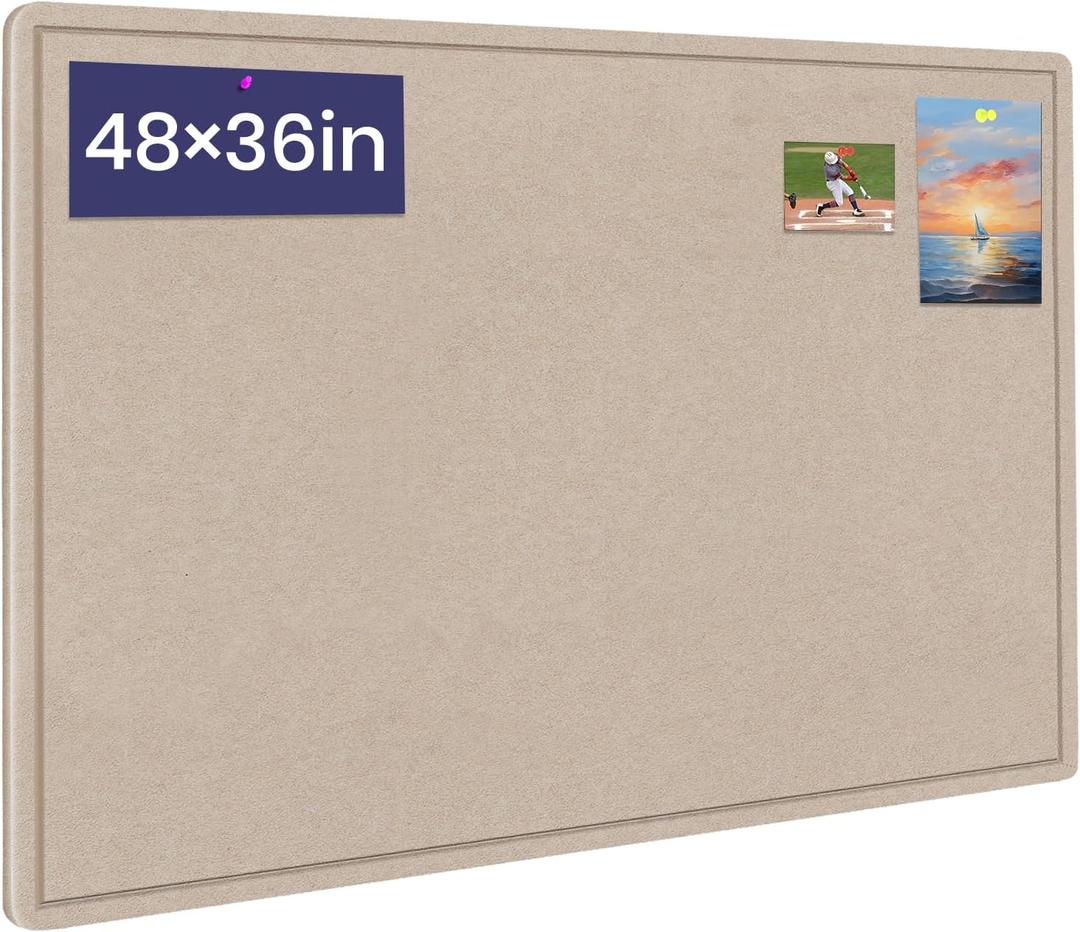 Large Bulletin Board, 48 X 36 inches Felt Board Notice Pin Board, 4' x 3'Cork Board Alternative for Wall, Self-Adhesive Vision Board Mood Board Foldable Photo Board with 30 Pushpin (Beige Brown)