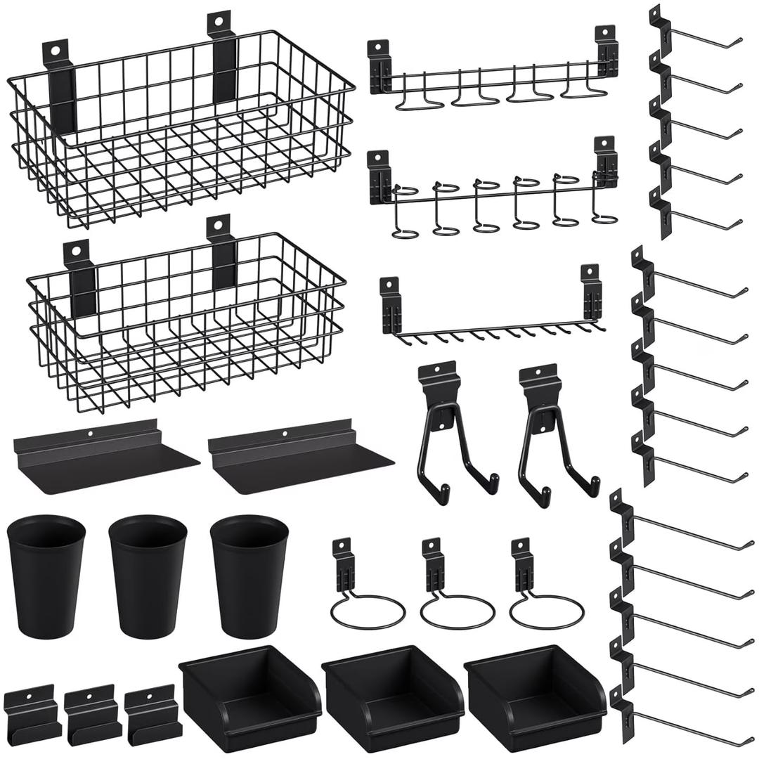 INCLY 30PCS Slatwall Accessories Set with Slatwall Baskets, Slatwall Hooks, Slatwall Shelves, Slatwall Bins, Slatwall Cups, Heavy Duty Slat Wall Accessory for Garage Room Shop Organizing Display