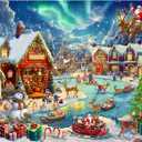 Christmas Village Winter 500 Pieces Puzzle for Adults Snow Night Scene with Northern Lights Holiday Beautiful Ice Skating Jigsaw Puzzle Perfect for Family Challenges Seniors- 21x15 Inches