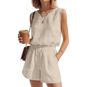 Ficerd Womens 2 Piece Summer Outfits Linen Short Sets Round Neck Sleeveless Tank Top Elastic High Waisted Shorts with Pockets(Linen Color,Medium)