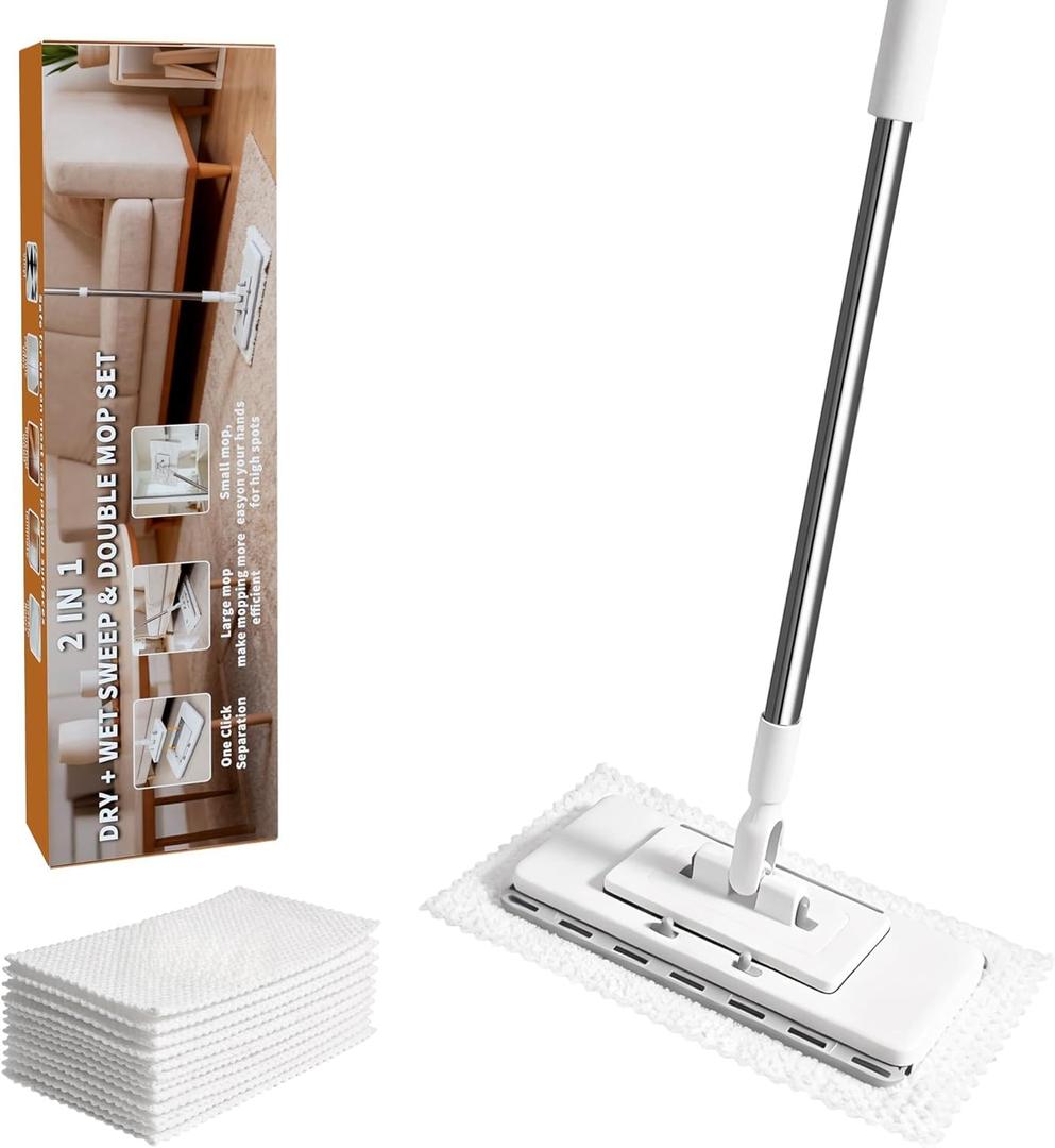 Mini Mop with 10 Reusable Cloths, Zero Touch No Wash Lazy Mop, Compatible with Various Types of Cloths,Suitable for Wet/Dry Floors, House Wall, Windows, Corners,Versatile and Efficient