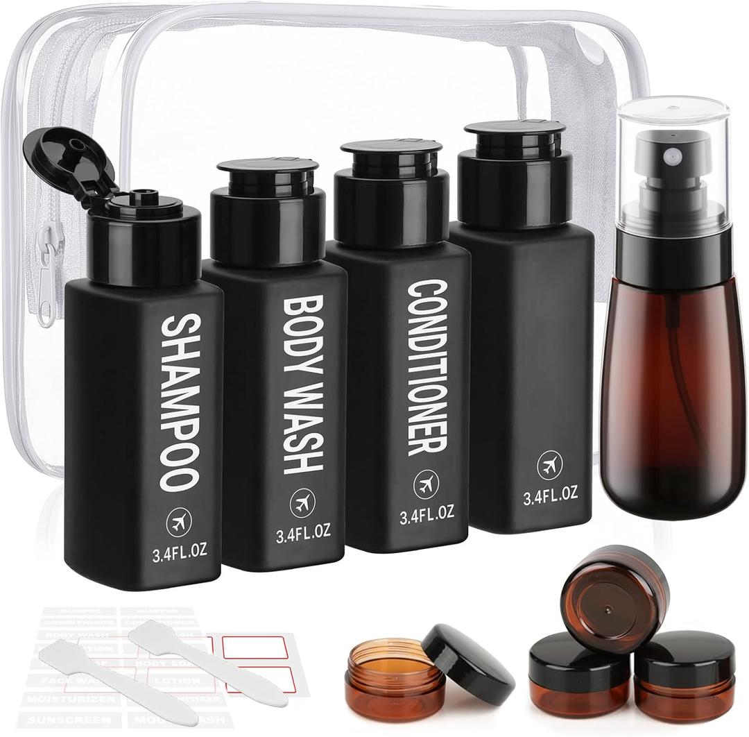 Travel Bottles for Toiletries 14PCS 3.4oz Pre-Printed Shampoo, Conditioner, Body Wash TSA Approved 2oz Travel Spray Bottle Leak Proof Plastic Cream Jars Refillable Lotion Containers(Black)