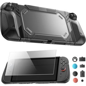 Case Set for Switch 2 Case, Switch 2 Grip Accessories, Includes 1 Protective Case with Clear PC Back and TPU Ergonomic Grip, 2 9H Tempered Glass Screen Protectors, 8 Joycon Caps, and 8 Dust Plugs
