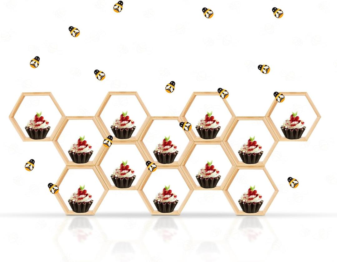 15 Pcs Hexagon Honeycomb Cupcake Stand, Wooden Cupcake Stand with 30 pcs Little Bee Decorations for Baby Shower and Boy/Girl Birthday Party