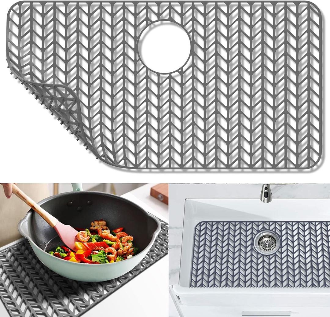 Sink Protectors for Kitchen Sink 16x12 & 18x12 & 19x13 & 24x12.5 & 26x14 & 28x14 & 29x15,Silicone kitchen sink mats protector for bottom of farmhouse sink(28.4"x15.2"Gray)