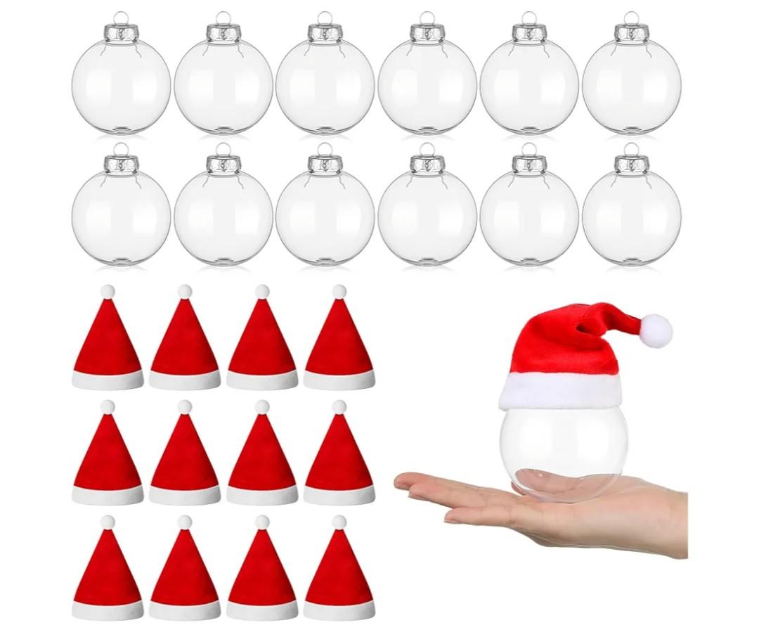 Soulchen 12 Set Christmas Decoration 3.15 Inch Clear Plastic Fillable Ball Ornaments Mini Felt Santa Hats for DIY Craft Christmas Tree Winter Holiday Party Supplies Home Decor