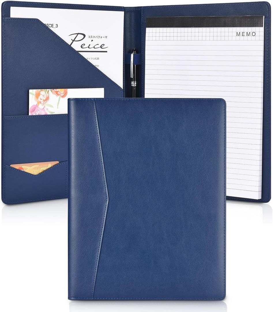 Pacific Mailer Padfolio Portfolio Leather Binder, Interview Legal Document Organizer, Business Card Holder Included Letter Sized Writing Pad, Blue, Piano Noir Faux Leather Matte Finish