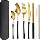 AARAINBOW 7 Pieces Stainless Steel Flatware Set Portable Reusable Cutlery Set Travel Utensils Set Including Chopsticks Knife Fork Spoon Straws Cleaning Brush Dishwasher Safe (B-Black Golden)