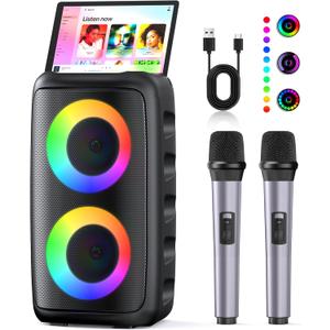 Karaoke Machine, Portable Bluetooth Karaoke Player Machine with 2 Wireless Karaoke Microphones for Adults Kids with Upgraded Subwoofer, PA System, Support TWS/TF/USB/AUX for Home Party Outdoor (Black)
