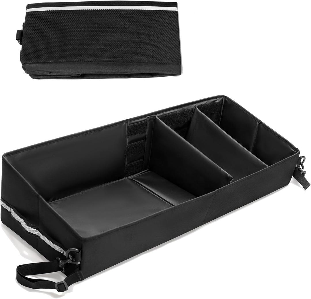 Under Seat Storage Box for Trucks, Tool Organizer with Removable Bottom Board, 2 Side Handles and Hook Snap Fix Strap, Black