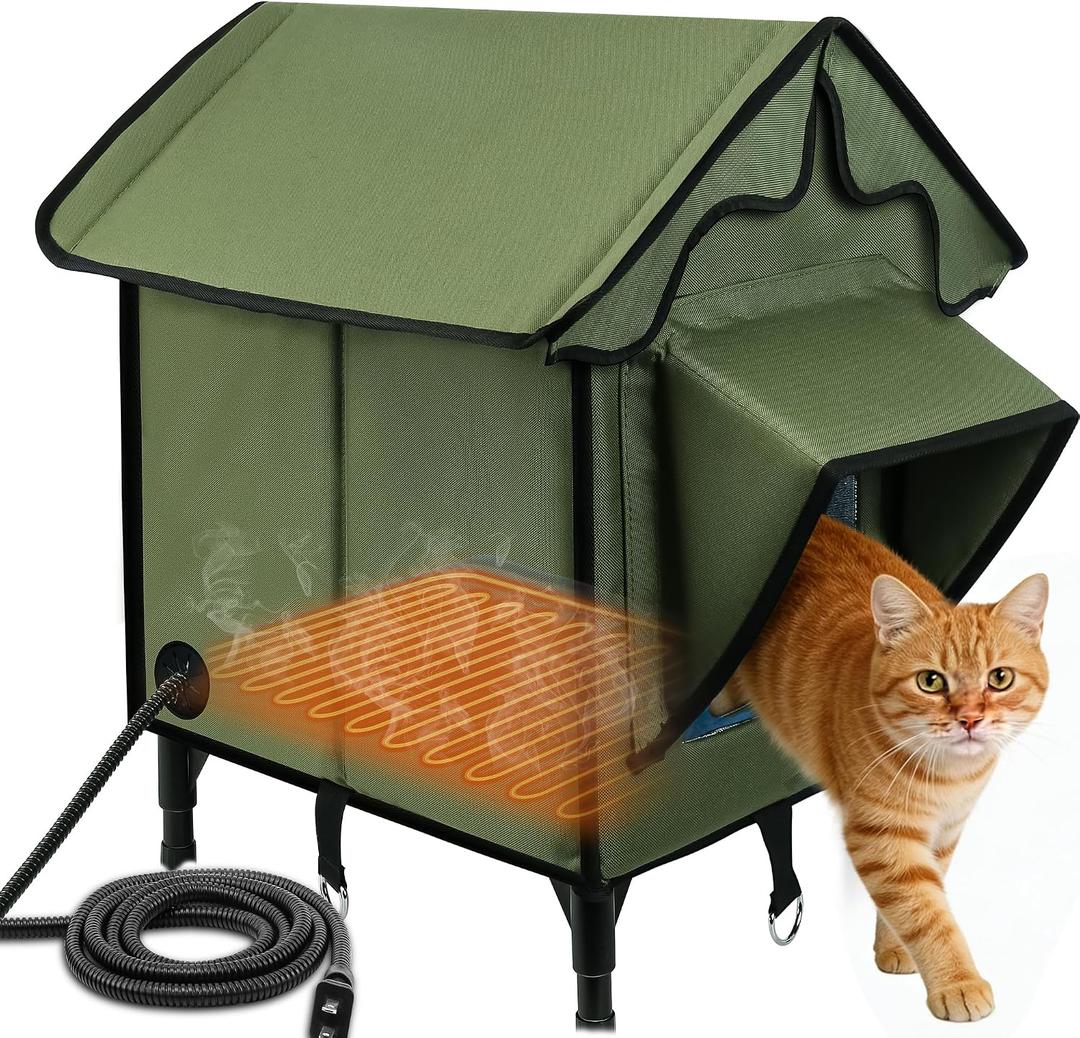 Newget Heated Cat House for Outside, Winter Insulated Cats House with Heated Pad, Waterproof Weatherproof Cat Shelter for Outdoor Indoor Cats, Cozy Elevated Feral Cat House Bed Green 21x19.4x16.5 in