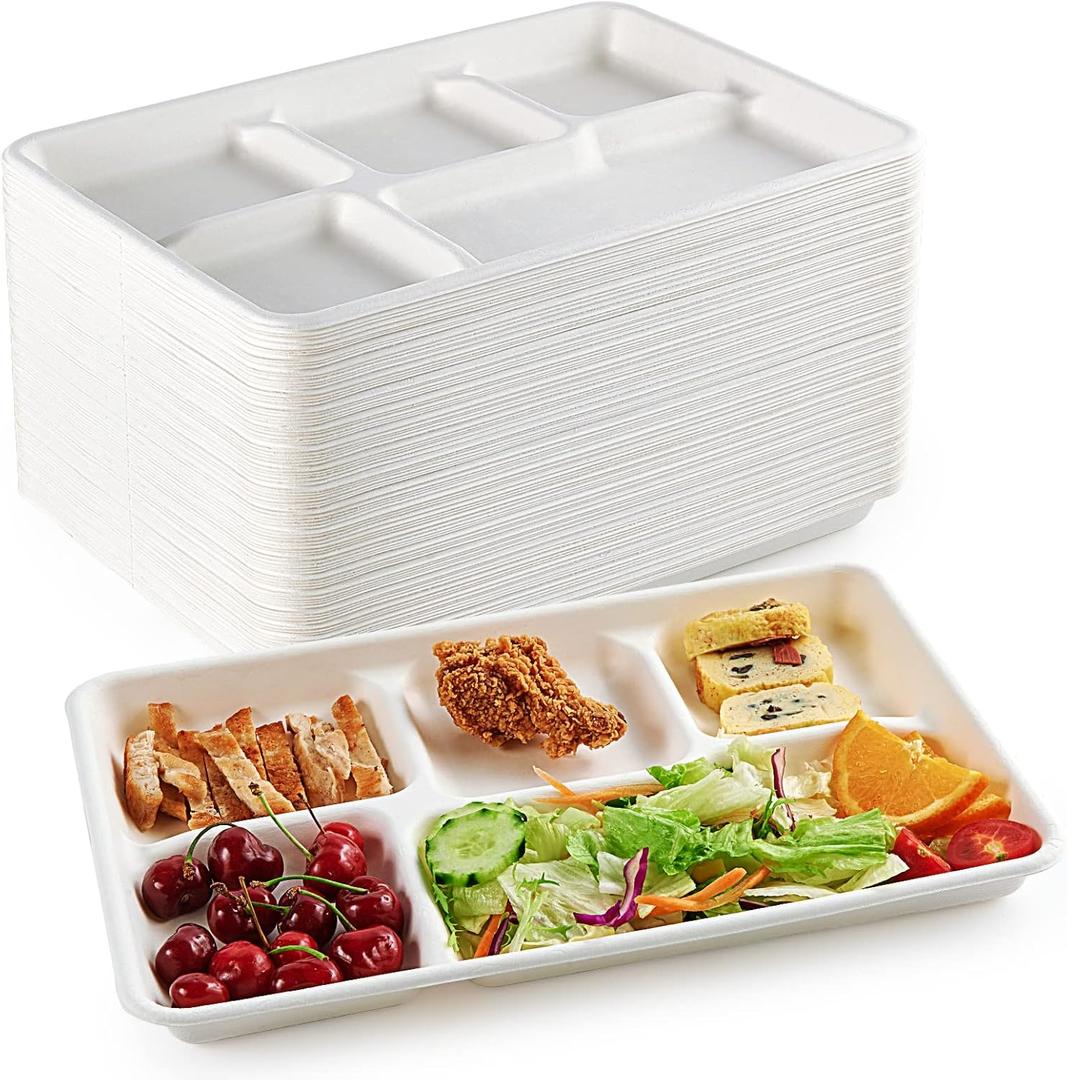ECOLipak 100% Compostable 5 Compartment Plates, 100 Pack Disposable Compartment Paper Plates, 12.5 * 8.6 inch Biodegradable Sugarcane Plates, Eco-Friendly School Lunch Trays ECOLipak 100% Compostable 5 Compartment Plates, 100 Pack Disposable Compartment Paper Plates, 12.5 * 8.6 inch Biodegradable Sugarcane Plates, Eco-Friendly School Lunch Trays