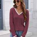 V Neck Long Sleeve Shirts for Women Fall 2025 Casual Business Ribbed Knit Sweater Cute Work Outfits (X-Large, D-wine Red)