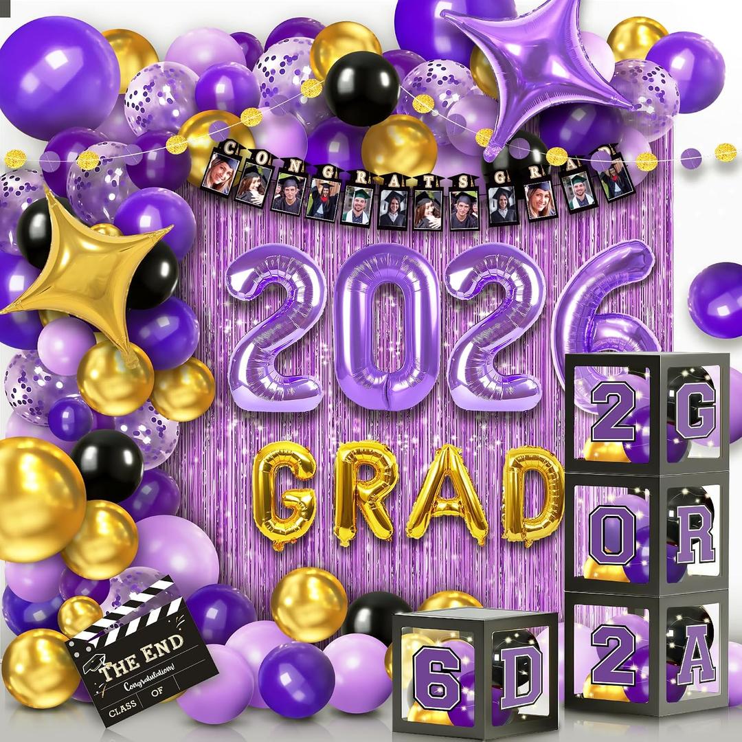 Party Spot2026 Purple and Gold Graduation Party Decorations,124 PCS Graduation Decorations Class of 2026,4 PCS Balloons Boxes with LED Light String & Letters 2026 GRAD So Proud of You