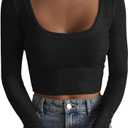 Artfish Women's Square Neck Long Sleeve Ribbed Slim Fitted Casual Basic Crop Top, Small