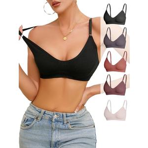 OYOANGLE Women's 5 Pieces Rib Knit Spaghetti Strap V Neck Wireless Bra Set Seamless Solid Plain No Padded Bralette Medium
