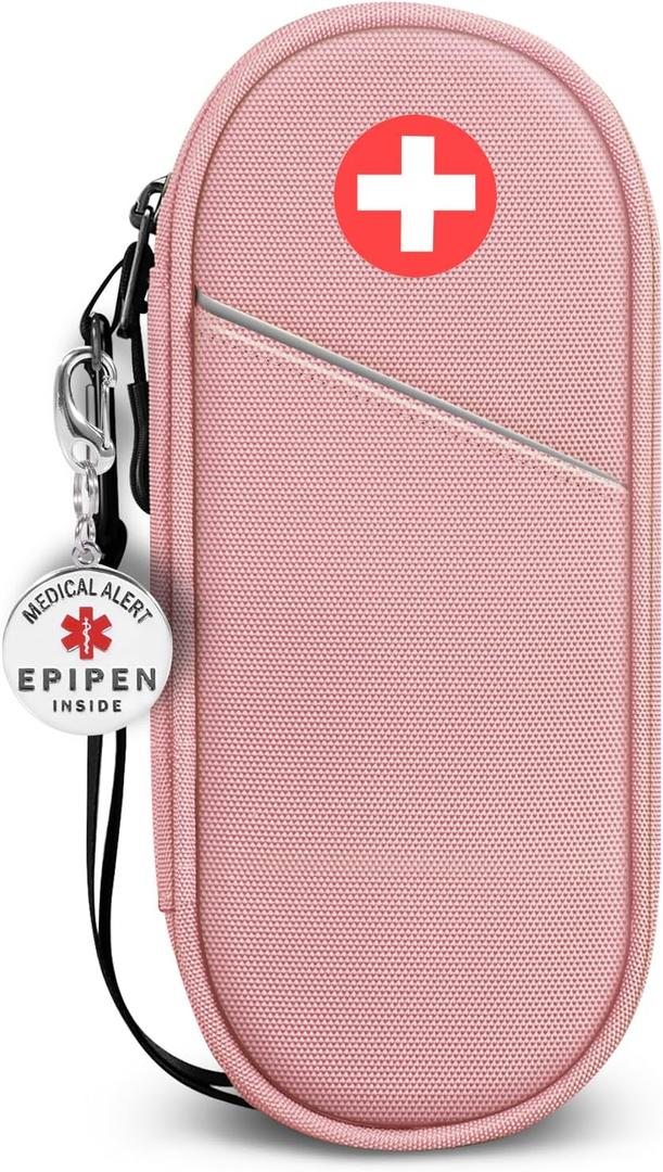 SITHON EpiPen Medical Carrying Case Insulated with Medical Alert Tag, Travel Medication Organizer Bag Pouch Holds 2 EpiPens, Asthma Inhaler, Anti-Histamine, Auvi-Q, Allergy Medicine Essentials (Pink)