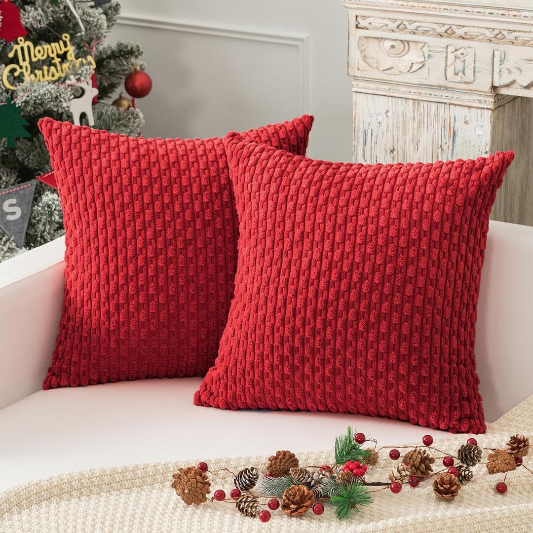 Kevin Textile Throw Pillow Covers Soft Corduroy Decorative Set of 2 Boho Striped Christmas Pillow Covers Pillowcases Farmhouse Home Decor for Couch Bed Sofa Living Room 18x18 Inch Red