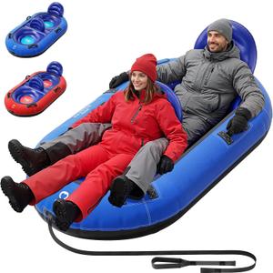 QPAU 2-Person Inflatable Snow Tube with Dual Backrests & Tow Rope, Heavy Duty Canvas-Covered Blow Up Snow Sled with Handles, Fast Inflation Air Valves, Premium Snow Tubes for Kids & Adults (Blue)