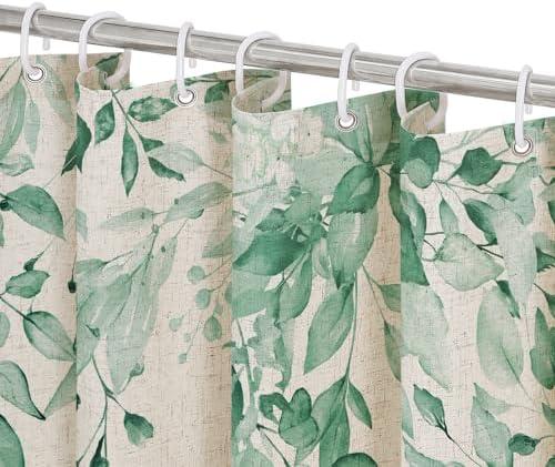 Gibelle Polyester Linen MintGreen Eucalyptus Shower Curtain, Watercolor Plant Leaves with Floral Bathroom Shower Curtain Set, 72x72