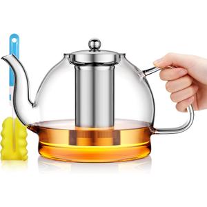 1800ml Glass Teapot with Infuser, Stovetop Safe Large Tea Pot, Hand Crafted Borosilicate Glass Tea Kettle, Blooming and Loose Leaf Tea Maker for Tea Lovers, Tea Gift Set with Cleaning Brush