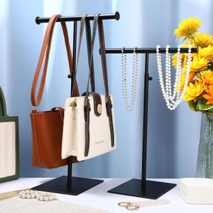 Leinuosen 2 Pcs Tabletop Purse Display Stand T Shaped Adjustable Height Purse Hanger Rack Necklace Display Stand(Black)