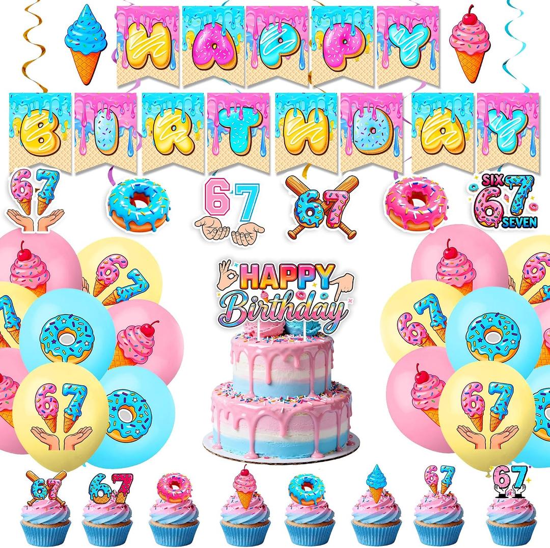 2 x 6 7 Birthday Decorations Kit, 67 Meme Happy Birthday Party Banner Themed Birthday Decorations Set Includes Banner, Large Cake Topper, 18 x Ballons, 24 x Cupcake Toppers