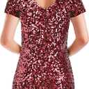 MANER Women's Sequin Glitter Short Sleeve Dress Sexy V Neck Mini Party Club Bodycon Dresses (Red)