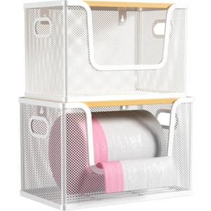 Orapoke 2 Pack Trash Bag Holder with Bamboo Cover, Metal Garbage Bag Dispenser for Kitchen Organization and Storage, Stackable Trash Bags Dispenser Under Sink Organizer Fit 13/30 Gallon Roll, White